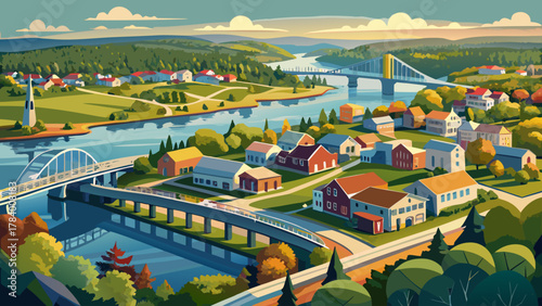 Very beautiful aerial panoramic view of the Merrimack River and Tyngsboro Bridge in downtown Tyngsborough, Massachusetts, USA, featuring calm river waters, bridge architecture, surrounding greenery, a