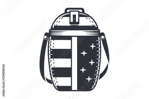 Stylized canteen with stripes and stars shows monochrome American flag influence clearly