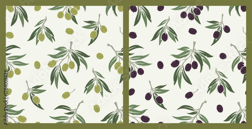 Hand drawing Two Seamless Olive Branch Patterns with Green and Purple Berries, Botanical Floral Background. Vector illustration