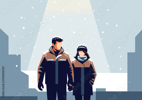 Winter stroll: couple walking in snowy urban landscape