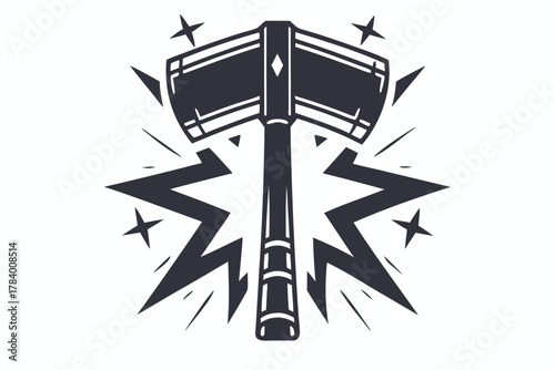 Stylized hammer silhouette explodes with dynamic energy, radiating outward with angular bursts and shining stars