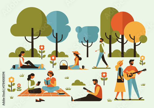 Relaxing outdoor scenes: people enjoying a sunny day in a flat style park setting