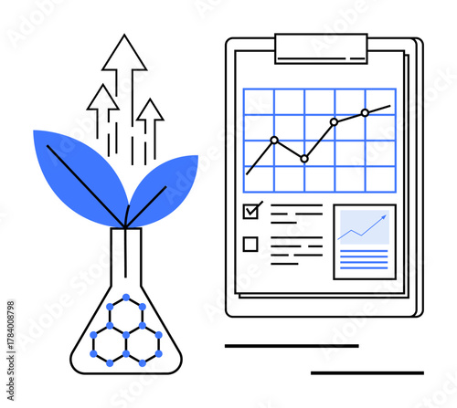 Flask with plant and molecular design next to clipboard with upward graph and checklist. Ideal for sustainability, research, growth, analytics, bioengineering, success, eco-innovation. Simple flat