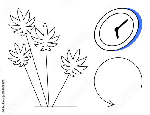 Four stylized plants leaning in one direction, analog clock, and curved arrow illustrating growth, progress, and time. Ideal for sustainability, nature, growth processes, life cycles time