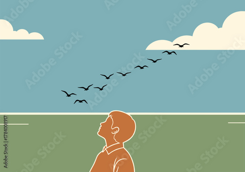Minimalist scene of person watching birds fly across a serene landscape