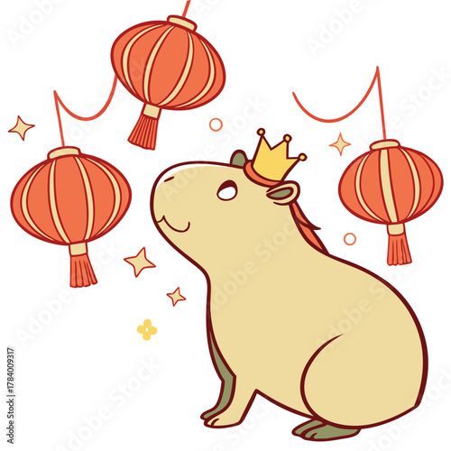 Cute Shy Capybara, accessorized with with a tiny crown, in a Lunar New Year / Chinese New Year world – Year of the Dragon (or relevant animal) palette vector
