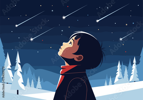 Child gazing at shooting stars in a winter night sky illustration
