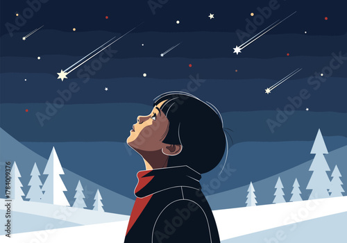 Child gazing at meteor shower in night sky over snowy forest landscape