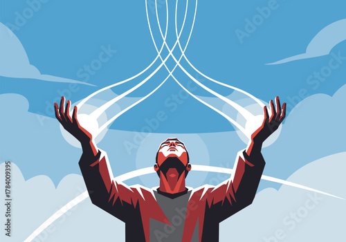 Abstract art of man reaching for sky in modern style