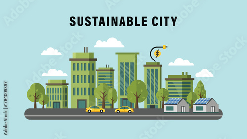 Eco-friendly sustainable city illustration featuring green buildings, solar panels, trees, and clean energy concept in modern flat design style.