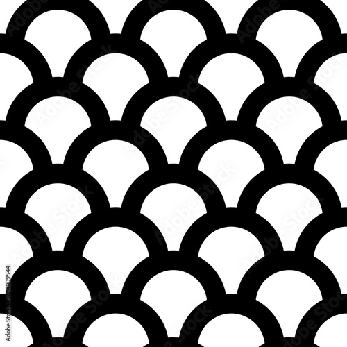 Japan traditional ethnic embroidery ornament with repeated scallops. Fish scale. Repeat scallop background. Seamless surface pattern design with scales. Ancient japanese sashiko uroko motif. Squama.