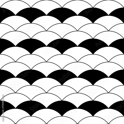 Japan traditional ethnic embroidery ornament with repeated scallops. Fish scale. Repeat scallop background. Seamless surface pattern design with scales. Ancient japanese sashiko uroko motif. Squama.