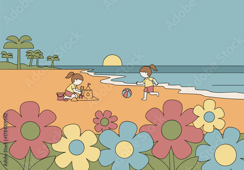Children playing on the beach at sunset with flowers and sea view