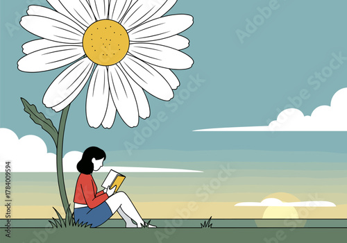 Woman reading under a giant daisy at sunset in minimalist style