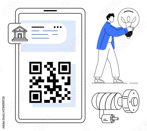 QR code on smartphone screen, bank app interface, man holding lightbulb, and motor turbine. Ideal for mobile payment, banking, innovation, technology, renewable energy data-driven decisions simple