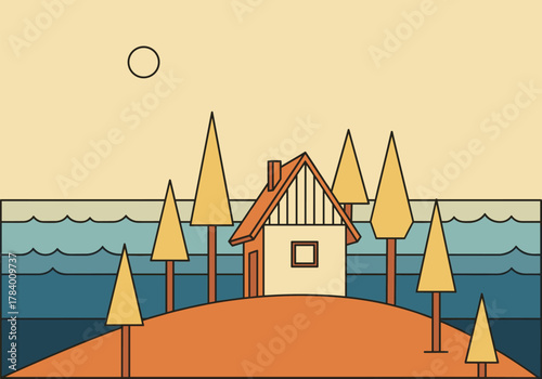 Cozy cabin and pine trees in minimalistic landscape by the lakeside