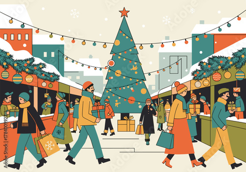 Festive holiday market scene with christmas tree and shoppers in winter wonderland