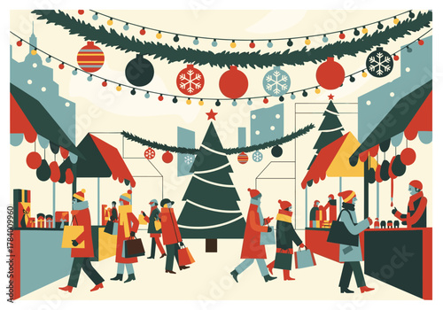 Festive holiday market with christmas tree and decorations in retro style
