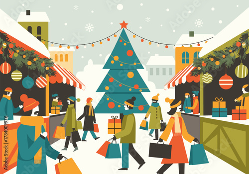 Festive winter market: flat style christmas scene with shoppers and decor