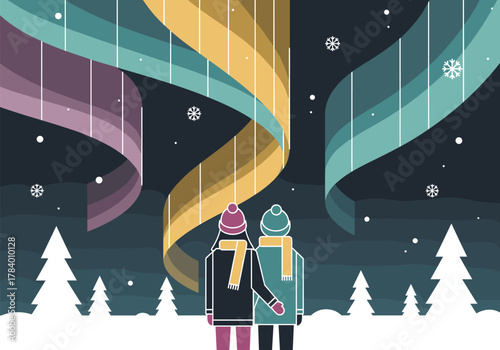 Couple gazes at northern lights in winter wonderland scene with colorful ribbons
