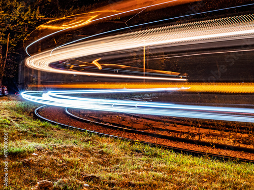 Long exposure shot of a railway track with bright light trails curving across the frame. The warm tones of the grass and foliage create a striking contrast against the intense light.