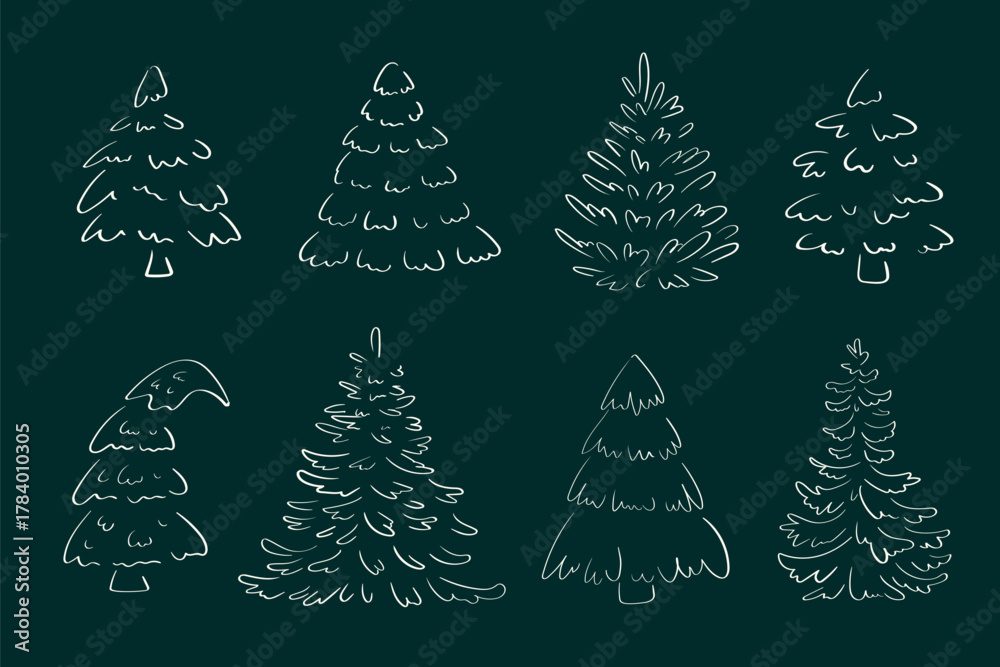 Obraz premium Outline Christmas tree doodle set for minimalist winter greeting cards and digital designs