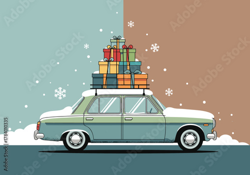 Vintage car with gift boxes in snowy background