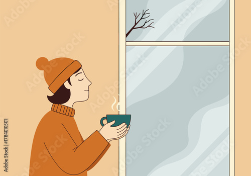 Cozy winter moment by the window with hot drink and snowy view in minimalistic style