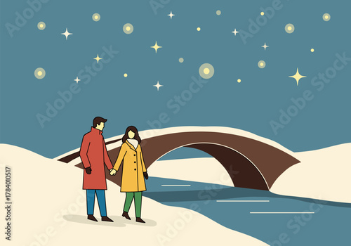 Couple strolling on winter night by the bridge with starry sky in minimalist style