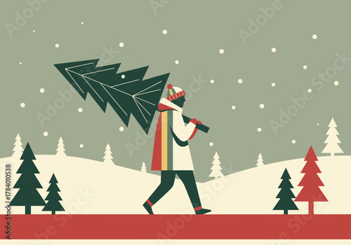 Festive winter walk: flat style holiday scene with christmas tree in snowy landscape
