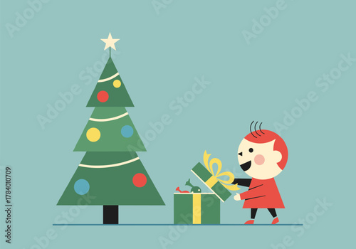 Festive child unwrapping gift by christmas tree in retro style
