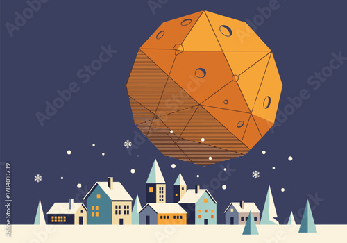 Surreal geometric planet hovering over festive winter village at night