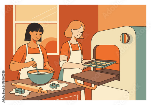 Friends baking together in cozy kitchen with warm tones and flat style