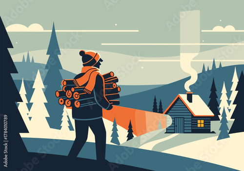 Night hiker with flashlight approaches cozy cabin in snowy forest landscape