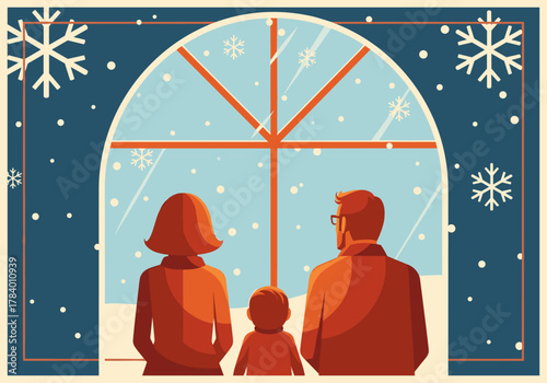 Family gazing out snowy window in cozy winter scene, retro style