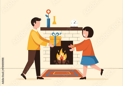 Cozy living room scene with people exchanging gifts near fireplace in flat style