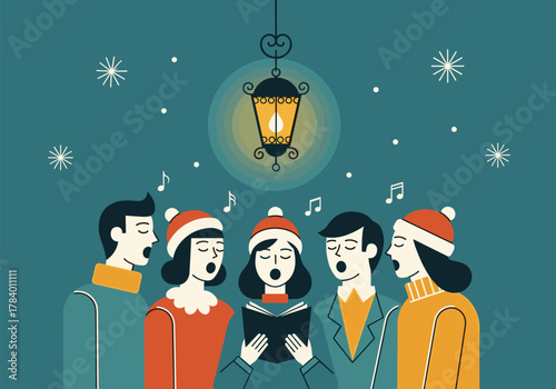 Festive carol singers under lamp with musical notes and snowflakes in retro style