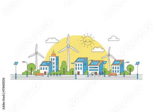 A monochrome vector illustration depicts an eco-friendly city powered by alternative energy, featuring a modern, sustainable townscape with ecological infrastructure and solar panels