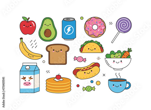 Packaged snacks, fast junk food, and beverages in packets, bottles, and boxes include soda, crisps, chocolate bars, sandwiches, candies, and sweets, depicted as a flat vector illustration on a white