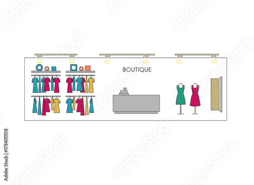 Hand‑drawn contour illustration of a trendy clothing boutique interior, featuring furnishings, displays, and mannequins in fashionable attire, rendered as a vector