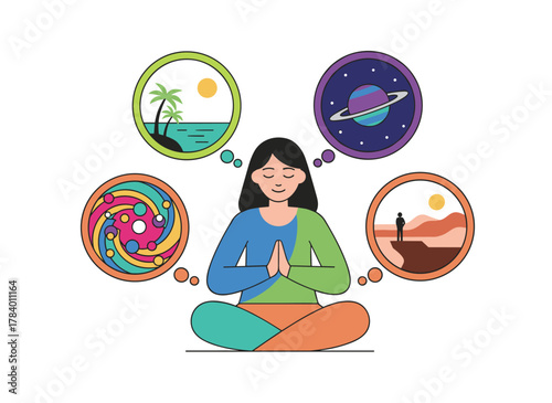 A concept of imagination and creativity featuring a joyful woman envisioning travel and future ideas, dreaming and wishing, depicted as a flat vector illustration on a white background