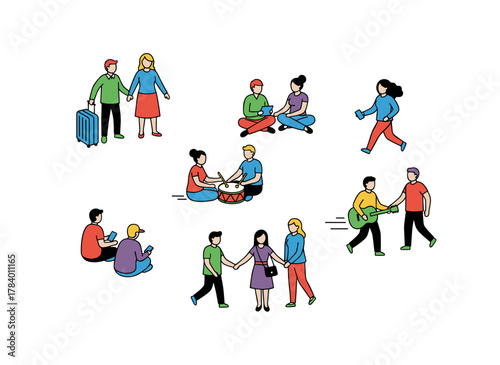 A top-down view of people using phones, walking dogs, standing, sitting, and meeting, with an overhead depiction of a man and woman, a moving figure above, all rendered as a flat vector illustration