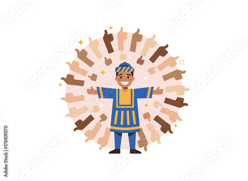 A cheerful young man encircled by hands giving a thumbs‑up, symbolizing public approval, positive opinion, respect, recognition, honor, and appreciation, rendered as a flat cartoon vector
