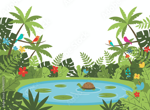 Panoramic view of a tropical jungle landscape, featuring dense forest, palms, lianas, and colorful foliage in a flat vector illustration