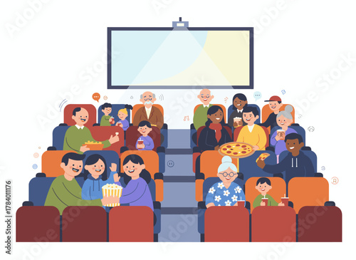 A flat cartoon vector illustration of people of all ages—men, women, and children—sitting in chairs in a movie theater or cinema auditorium, watching a film