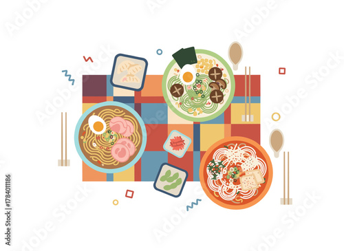 A collection of ramen served in bowls with chopsticks, featuring a traditional tasty Asian or Japanese noodle meal in broth, illustrated as a colorful flat cartoon vector