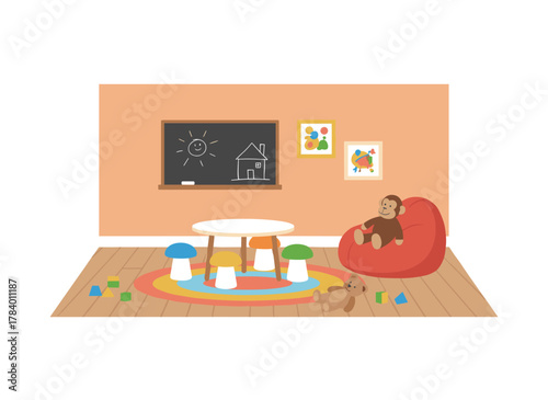 A kindergarten interior featuring a table, chairs, and chalkboard, a kids' room with stationery, toys, and drawings, a nursery school classroom, and a colorful flat vector illustration of a playroom