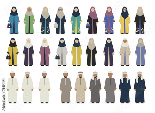 A vector flat illustration featuring an Arabic man and woman in hijabs, showcasing a collection of stylish Muslim businesspeople—both male and female—in trendy clothing set against a white