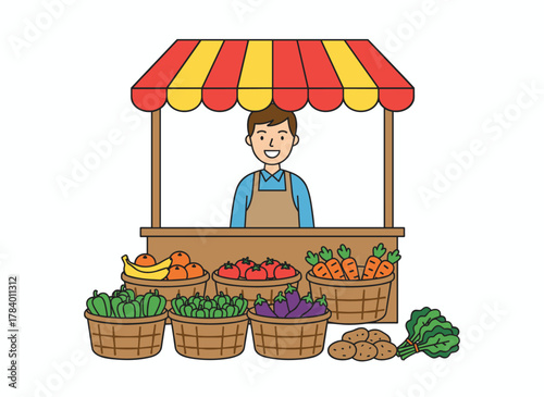 A male vendor stands behind a greengrocer's counter in a marketplace, selling fruits and vegetables, depicted as a flat vector illustration