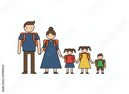 A modern family portrait shows parents walking their children to school, holding hands together against a white background, rendered as a colorful flat-style vector illustration